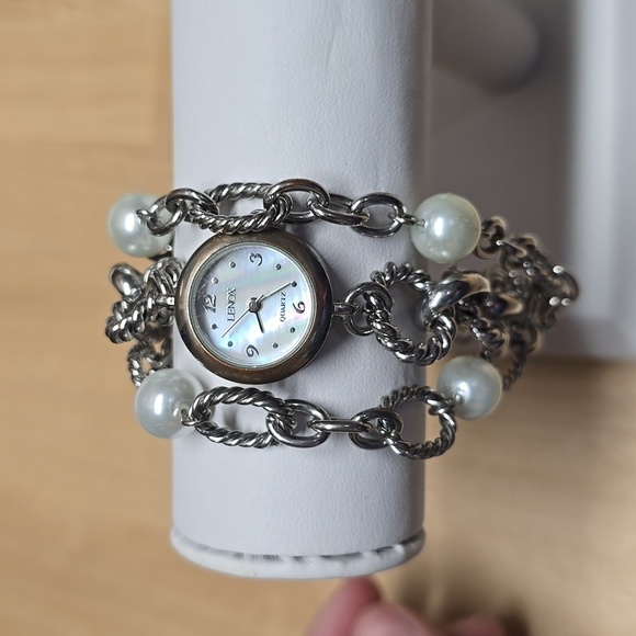 {Lenox} WWomens Faux Pearl Bracelet Wrap Watch Silver Chain Around Link Band  - Picture 1 of 8